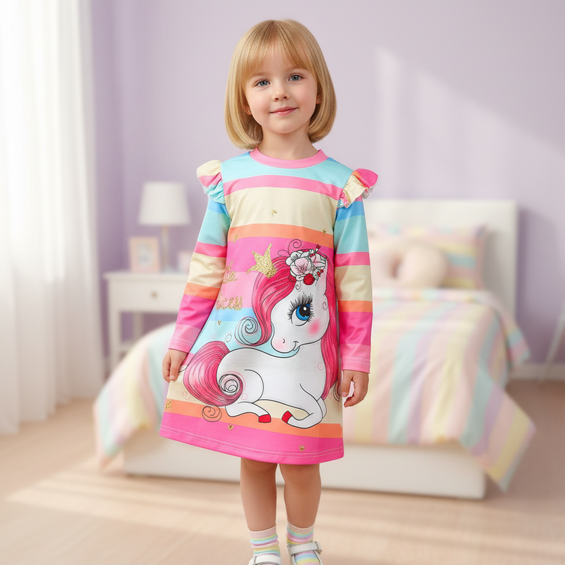 unicorn dress girls rainbow stripe - front