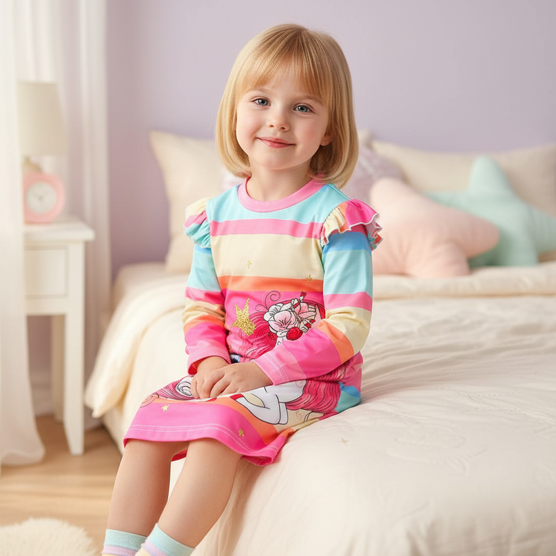 unicorn dress girls rainbow stripe - sitting