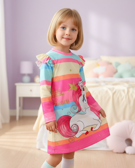 unicorn dress girls rainbow stripe - three-quarter