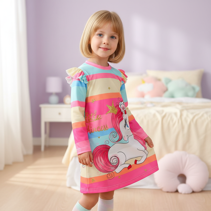 unicorn dress girls rainbow stripe - three-quarter