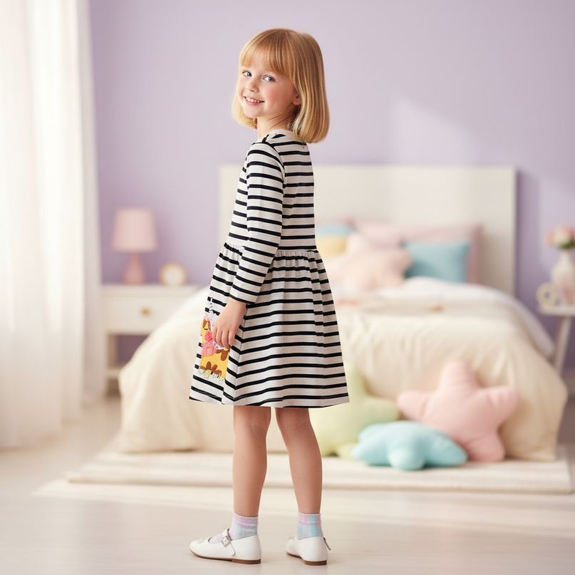 unicorn dress long sleeve striped cotton - back