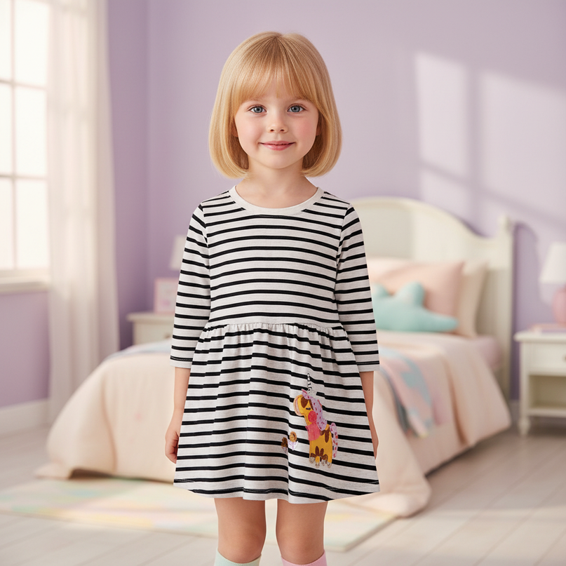 unicorn dress long sleeve striped cotton - detail