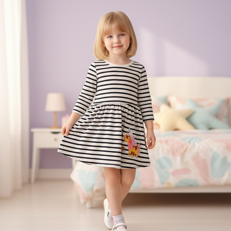 unicorn dress long sleeve striped cotton - front
