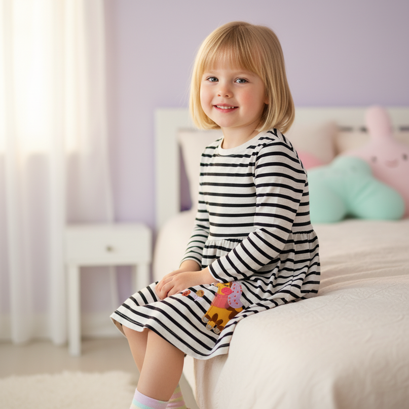 unicorn dress long sleeve striped cotton - sitting