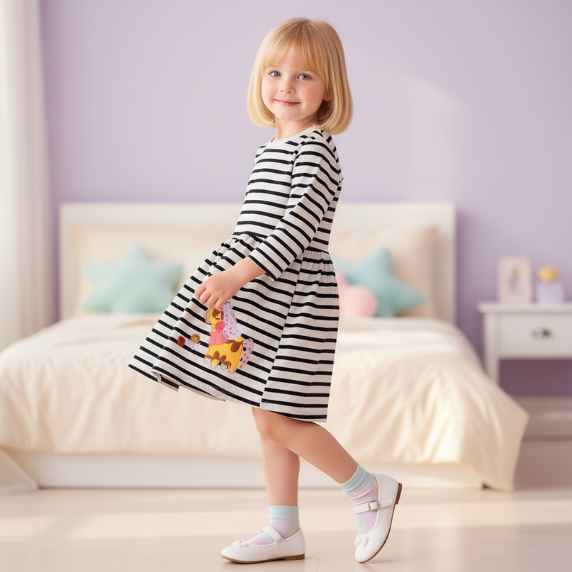 unicorn dress long sleeve striped cotton - three-quarter
