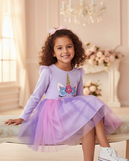 unicorn dress toddler long sleeve - sitting