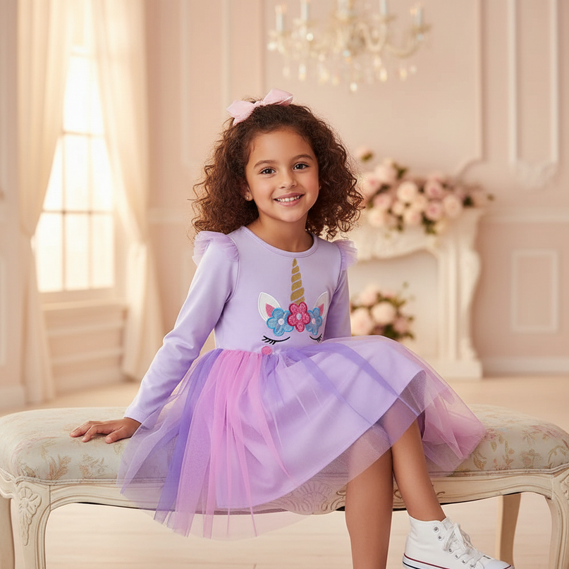 unicorn dress toddler long sleeve - sitting