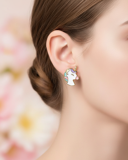 unicorn earrings for little girl - in-use