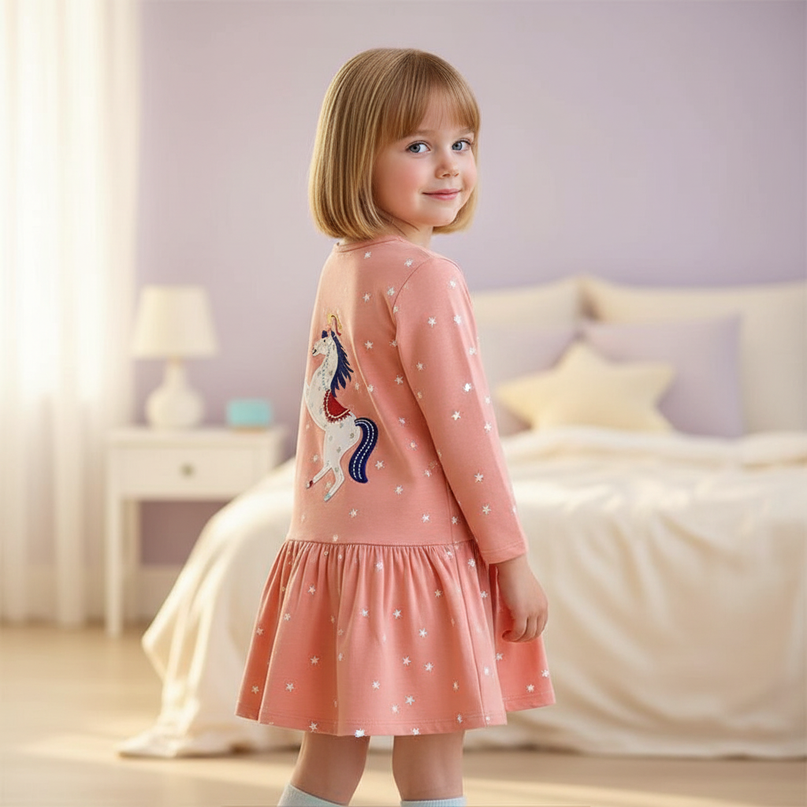 unicorn embroidery cotton long sleeve dress - back