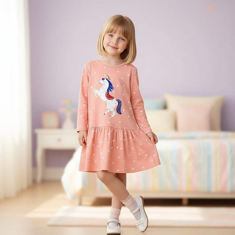 unicorn embroidery cotton long sleeve dress - front