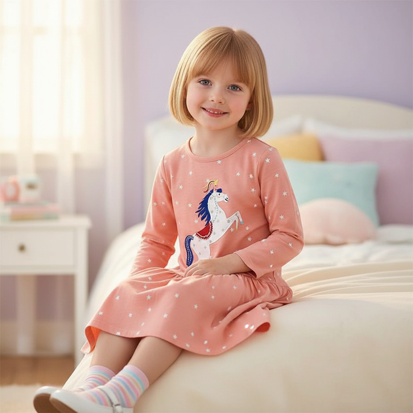 unicorn embroidery cotton long sleeve dress - sitting