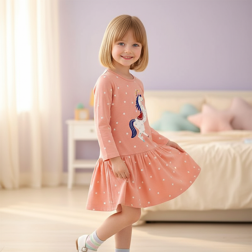 unicorn embroidery cotton long sleeve dress - three-quarter