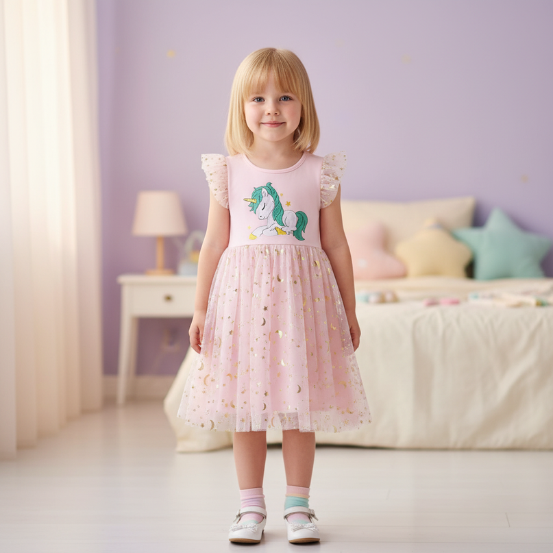 unicorn embroidery dress pink - detail