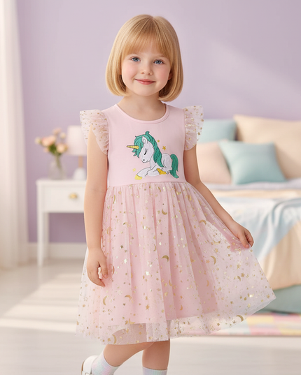 unicorn embroidery dress pink - front