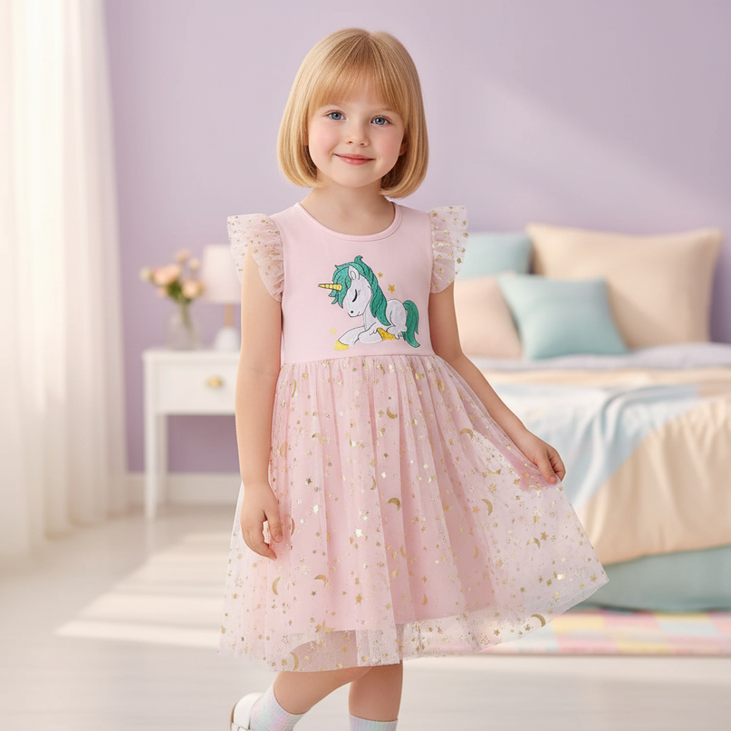 unicorn embroidery dress pink - front
