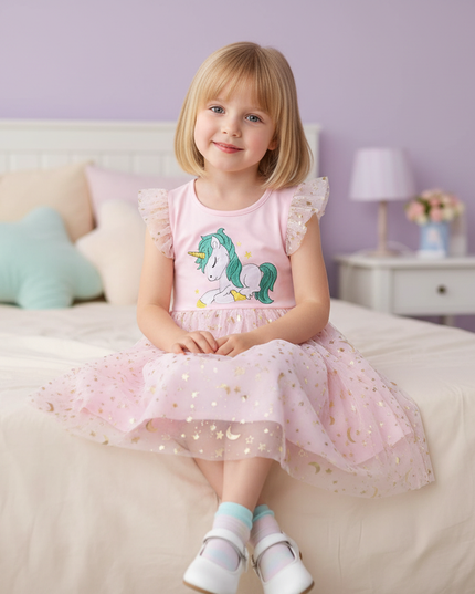 unicorn embroidery dress pink - sitting