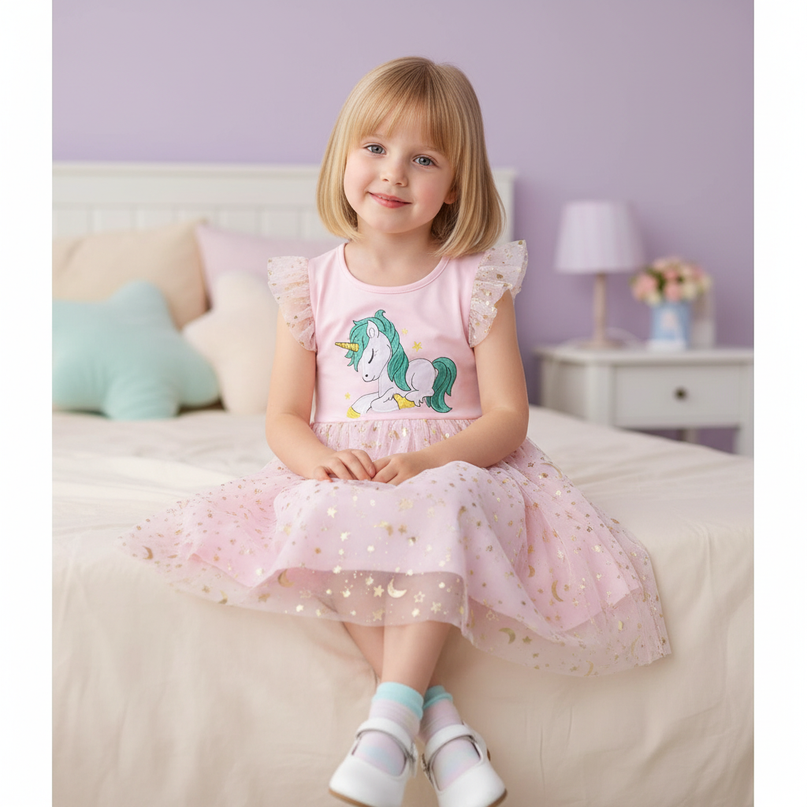 unicorn embroidery dress pink - sitting