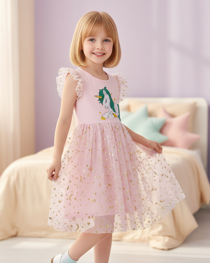 unicorn embroidery dress pink - three-quarter