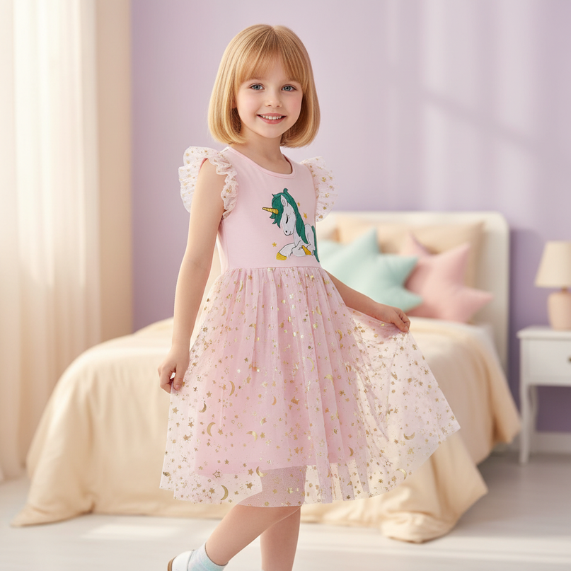 unicorn embroidery dress pink - three-quarter