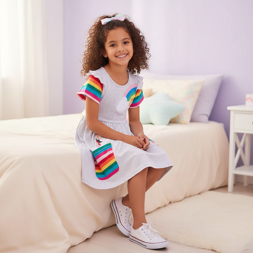 unicorn embroidery dress with pockets - sitting