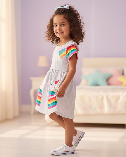 unicorn embroidery dress with pockets - three-quarter