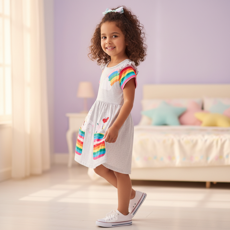 unicorn embroidery dress with pockets - three-quarter