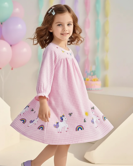 unicorn embroidery floral dress - three-quarter