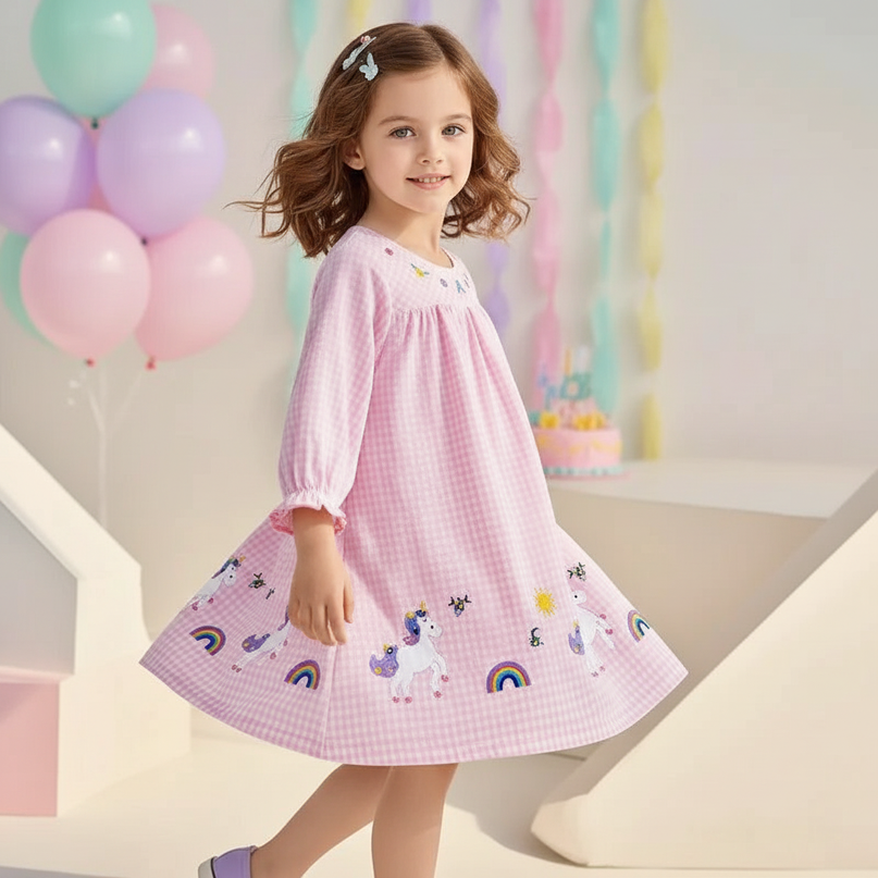 unicorn embroidery floral dress - three-quarter
