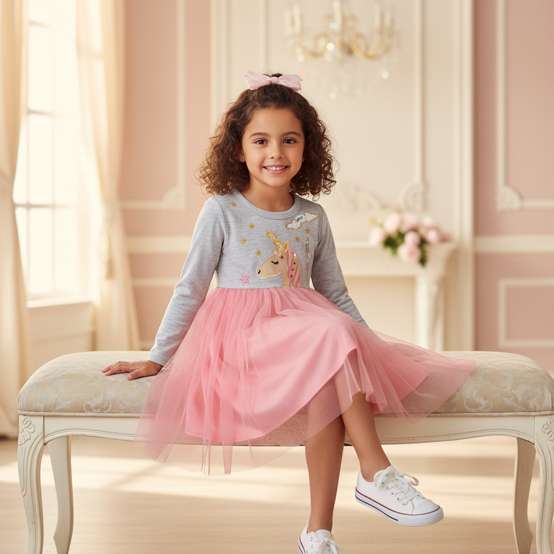 unicorn embroidery tutu dress - sitting