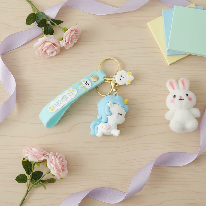 unicorn emoji keychain - flat-lay