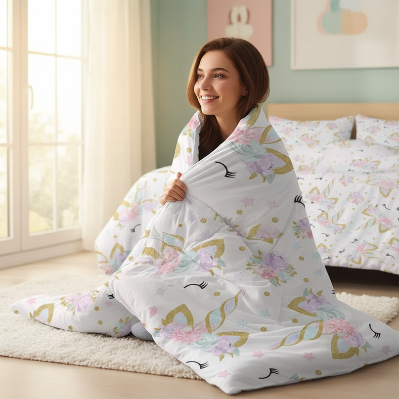 unicorn eyelash bedding - in-use