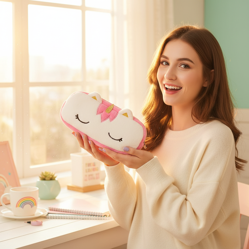 unicorn eyelashes pencil case - in-use