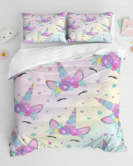 unicorn face bedding - flat-lay
