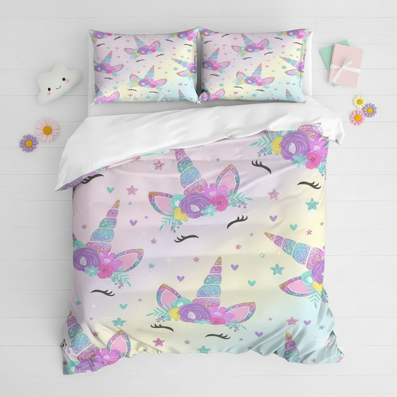 unicorn face bedding - flat-lay