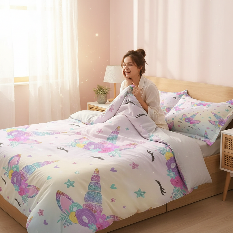 unicorn face bedding - in-use