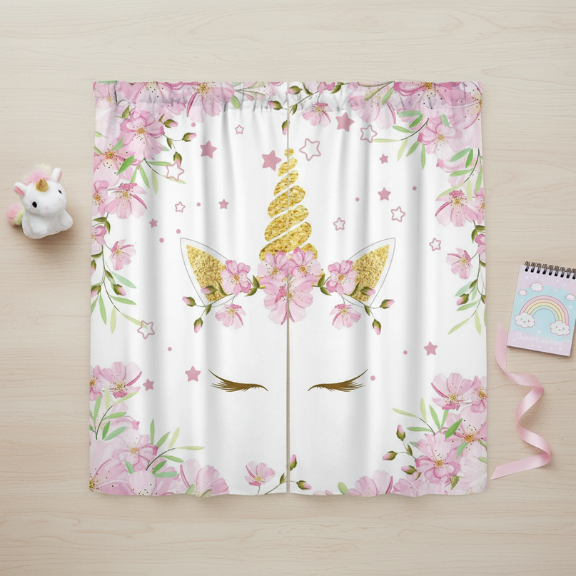 unicorn face curtains - flat-lay
