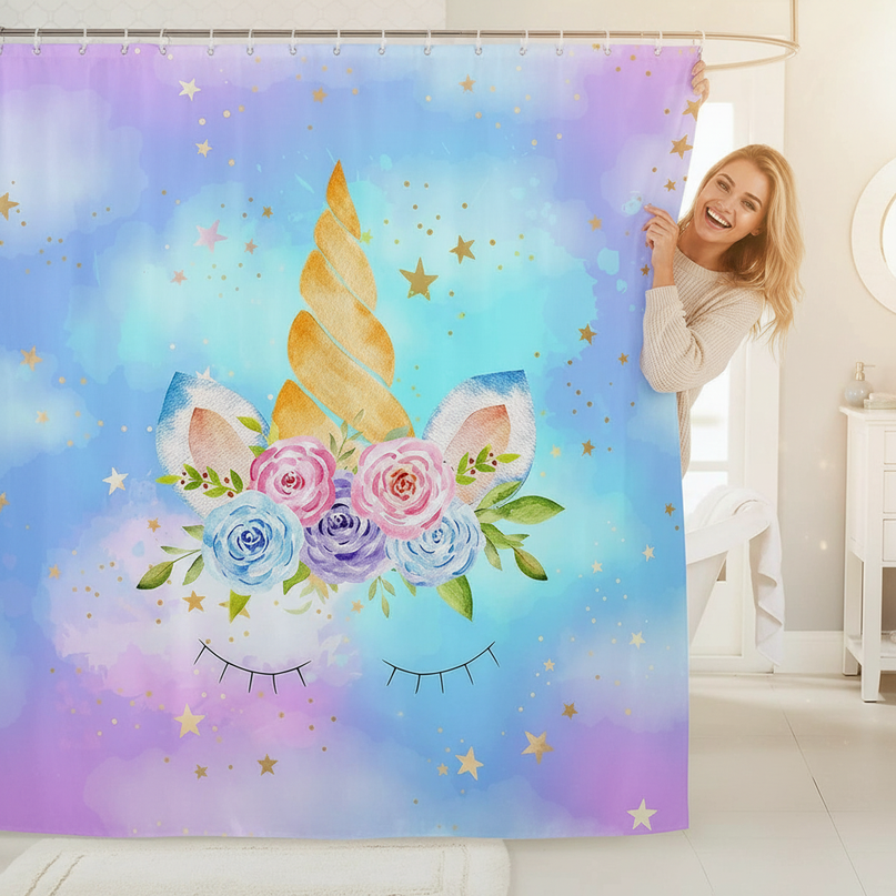 unicorn face shower curtain - in-use