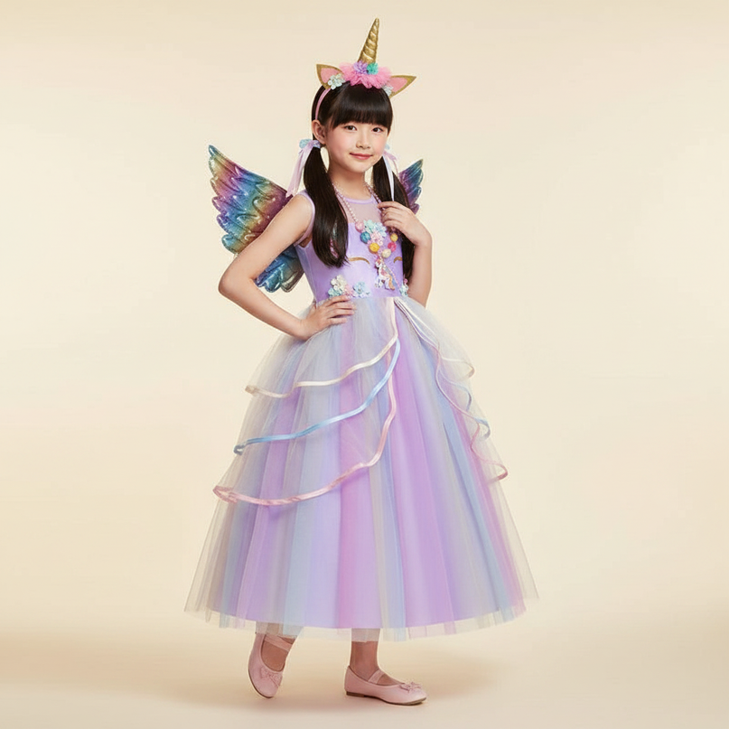 unicorn fairy dress Unicorn Princess Dress for Girls, Rainbow Fairy Dress, Magical Tulle Party Dress, Kids Birthday Outfit, Fantasy Costume with Wings