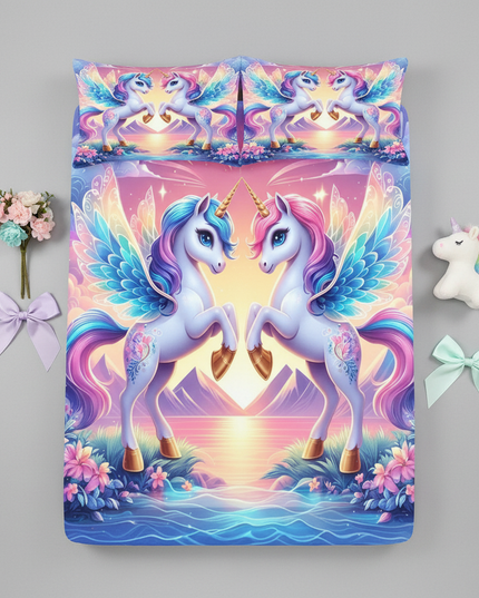unicorn fitted bed sheet set - flat-lay