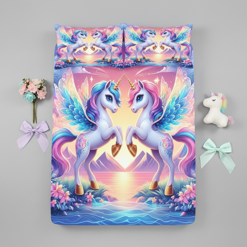 unicorn fitted bed sheet set - flat-lay