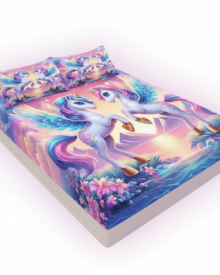 unicorn fitted bed sheet set - white-bg