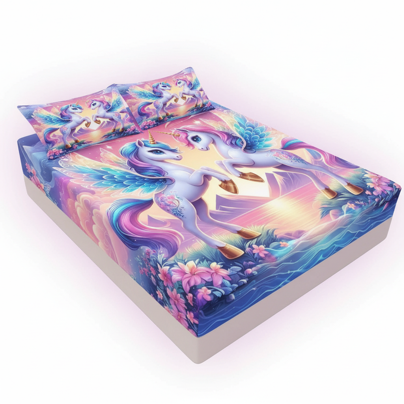 unicorn fitted bed sheet set - white-bg