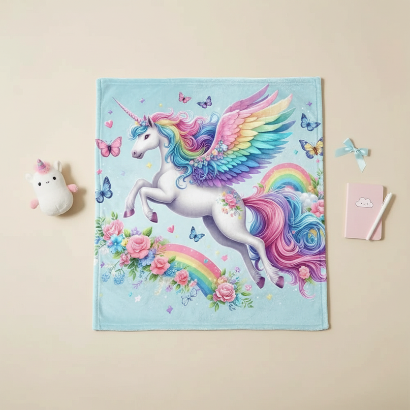 unicorn flannel blanket - flat-lay