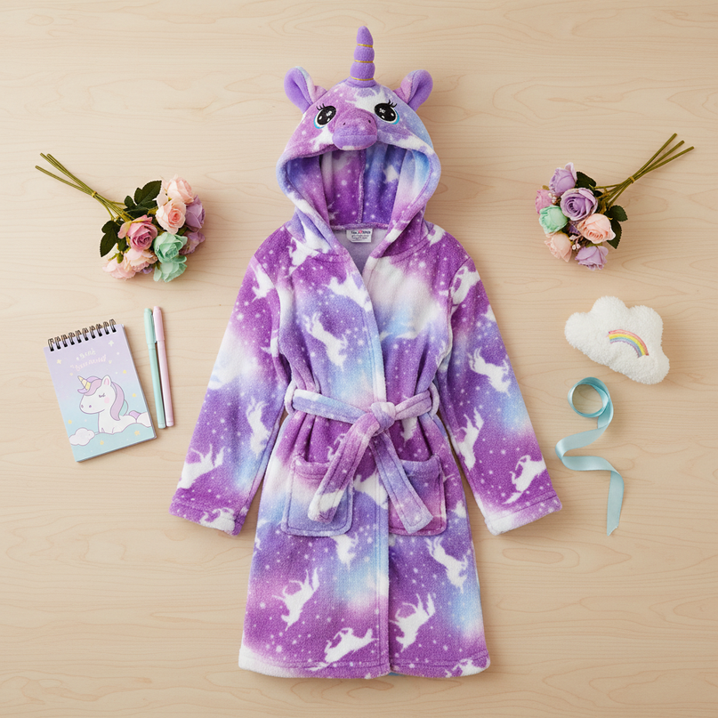 unicorn flannel robe - flat-lay
