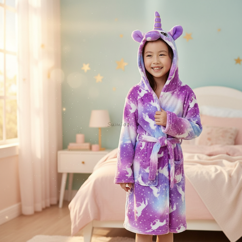 unicorn flannel robe - in-use