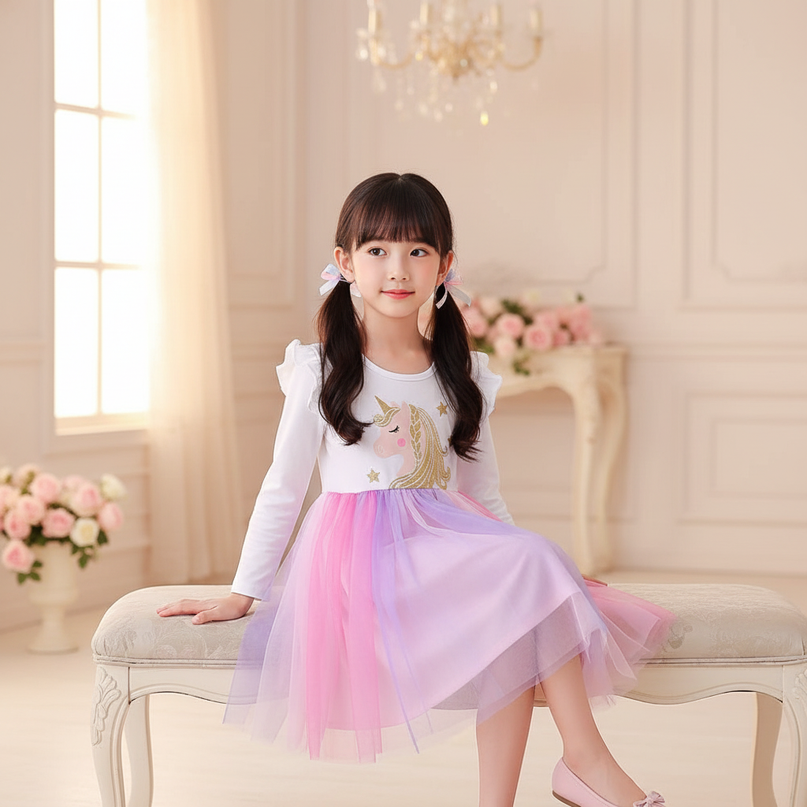 unicorn flare sleeve princess dress - sitting