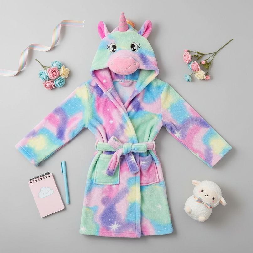 unicorn fleece robe - flat-lay