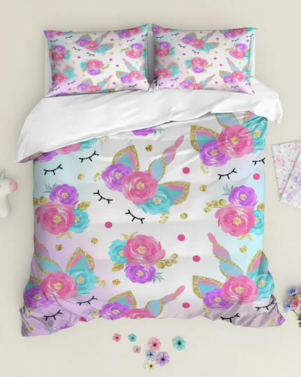unicorn floral bedding - flat-lay