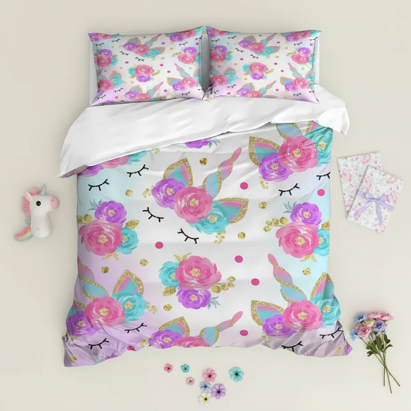 unicorn floral bedding - flat-lay