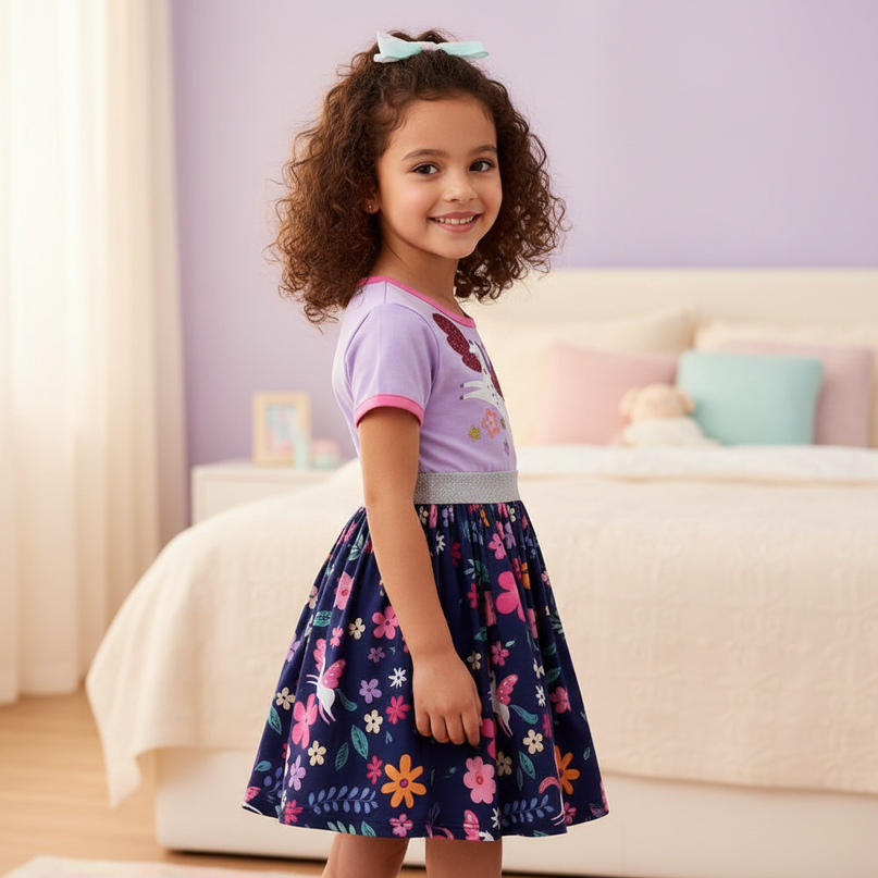 unicorn floral cartoon casual dress - back